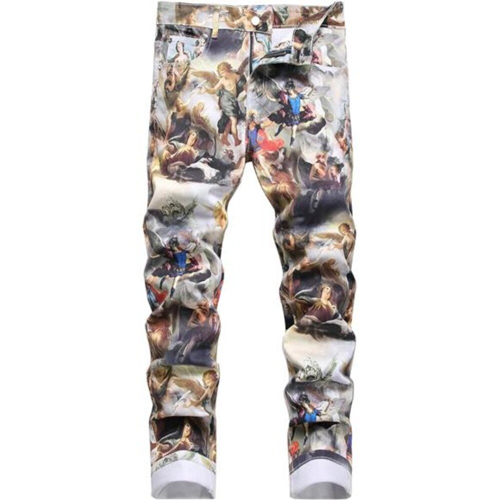 Men's Casual Printed Slim Fit Jeans Skinny Denim Pants